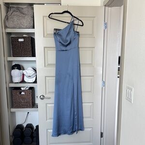 Jenny Yoo Steel Blue One-Shoulder Satin Gown